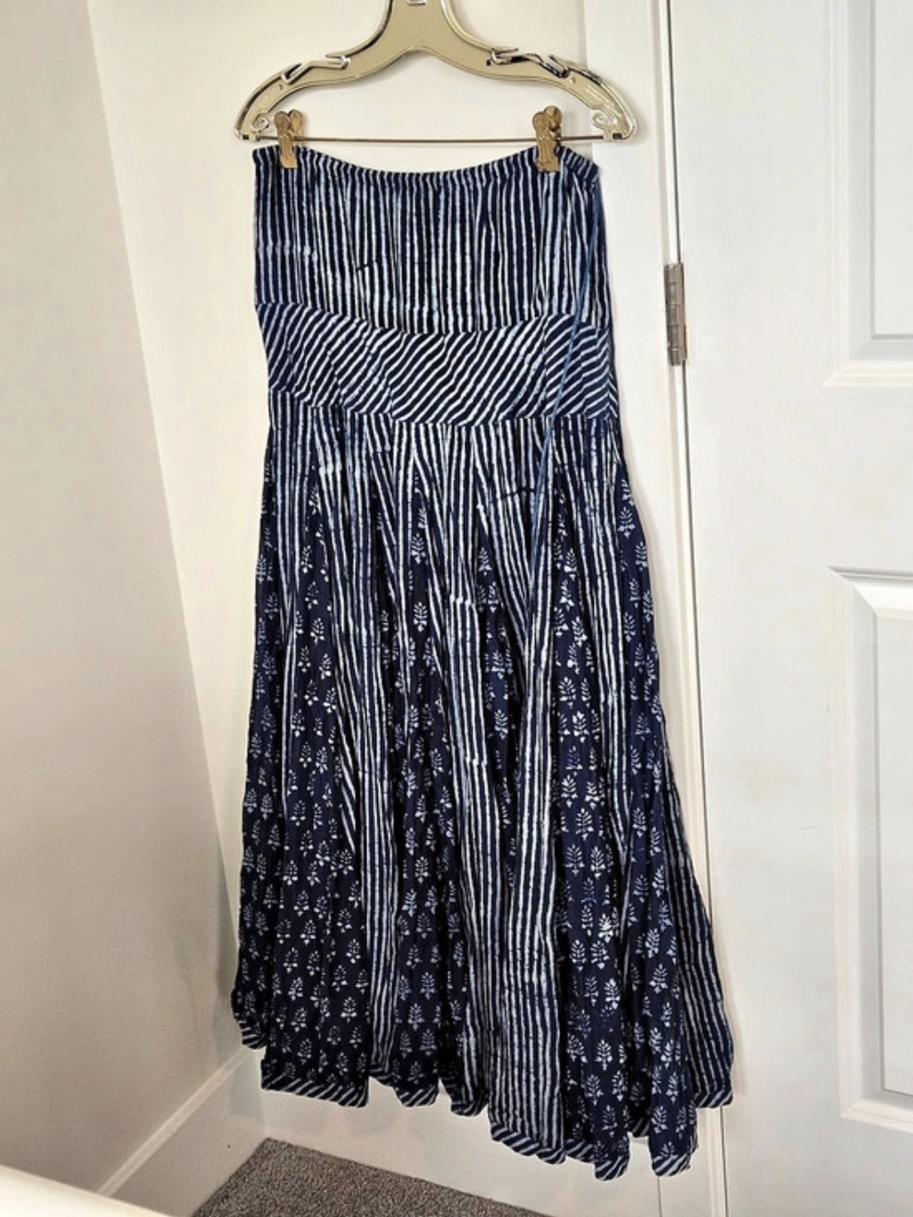 Rare Vintage Free People Maheya Blue City Striped Maxi Skirt in Blue & White